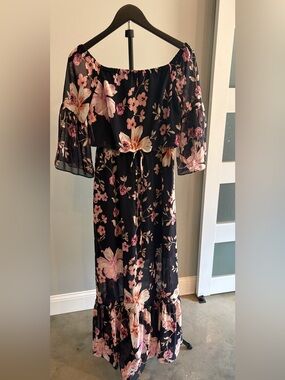 Eliza J Black Floral Off-Shoulder Maxi Dress with Pink Bloom